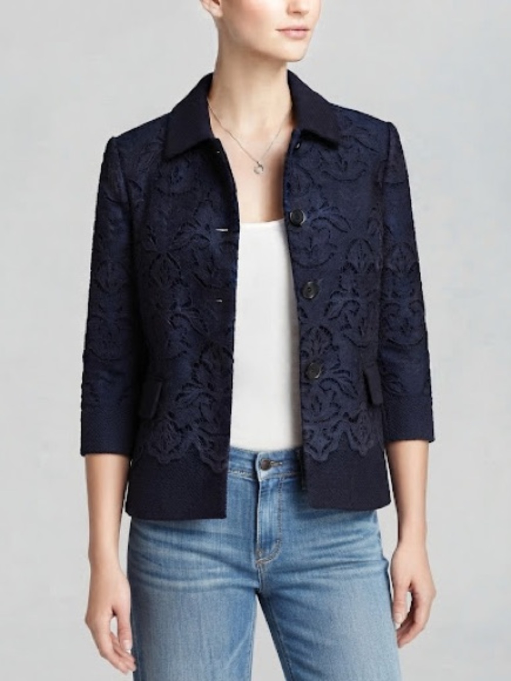 Ann Taylor Navy Blue Lace Blazer Women Size 8